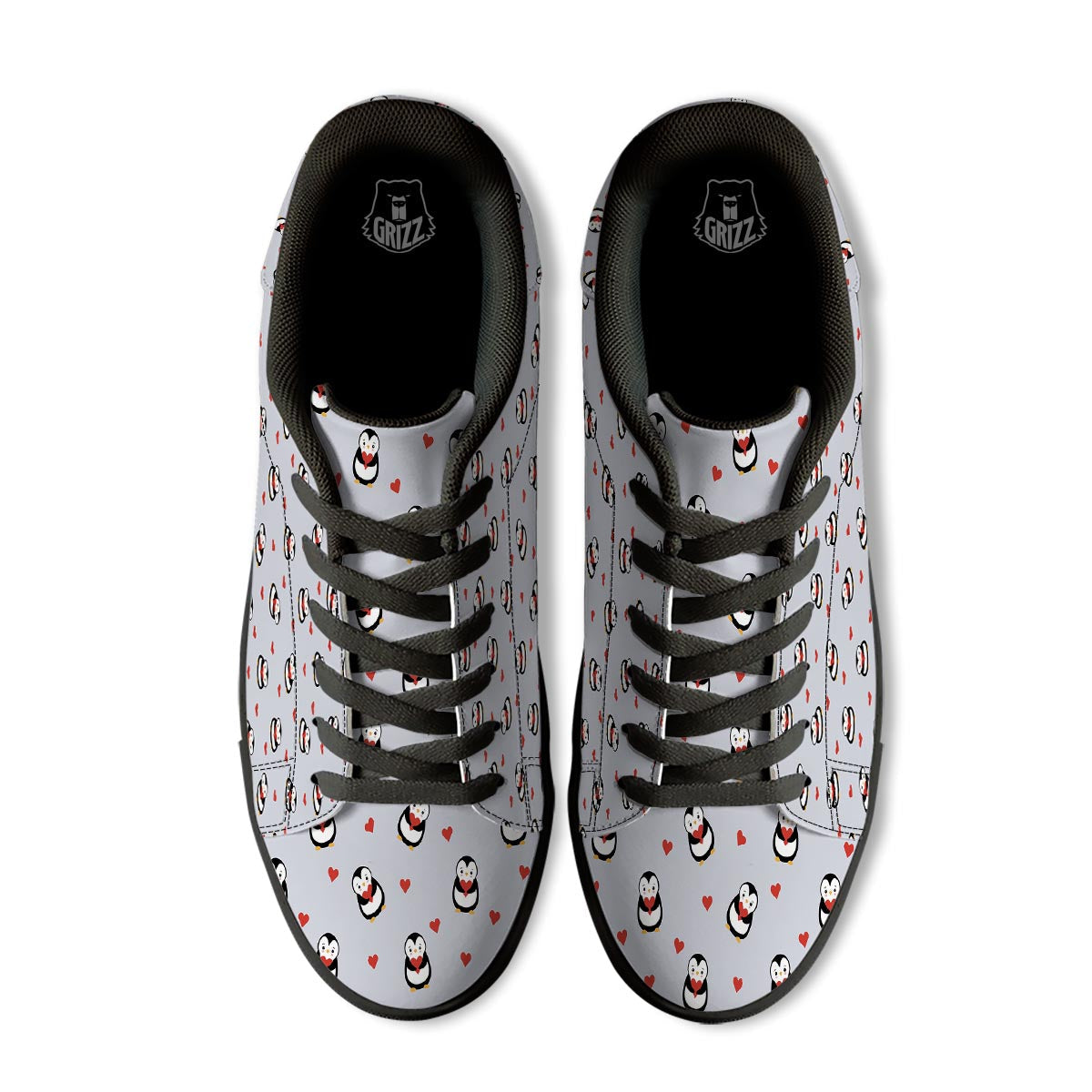 Penguin And Red Heart Print Pattern Black Low Top Sneakers-grizzshop
