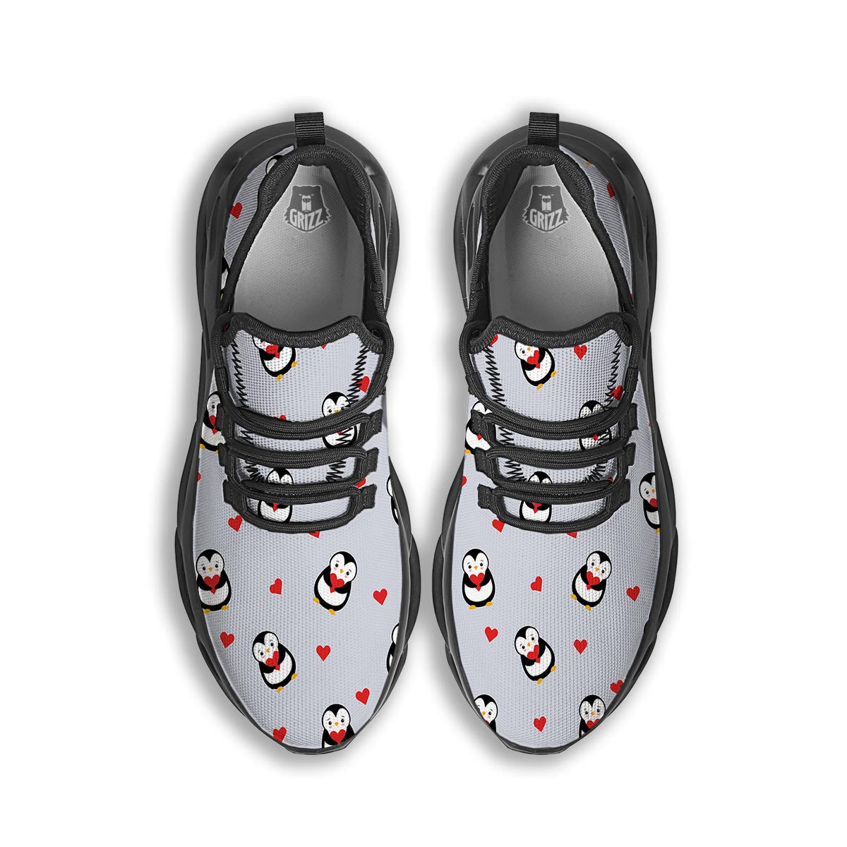 Penguin And Red Heart Print Pattern Black Running Shoes-grizzshop