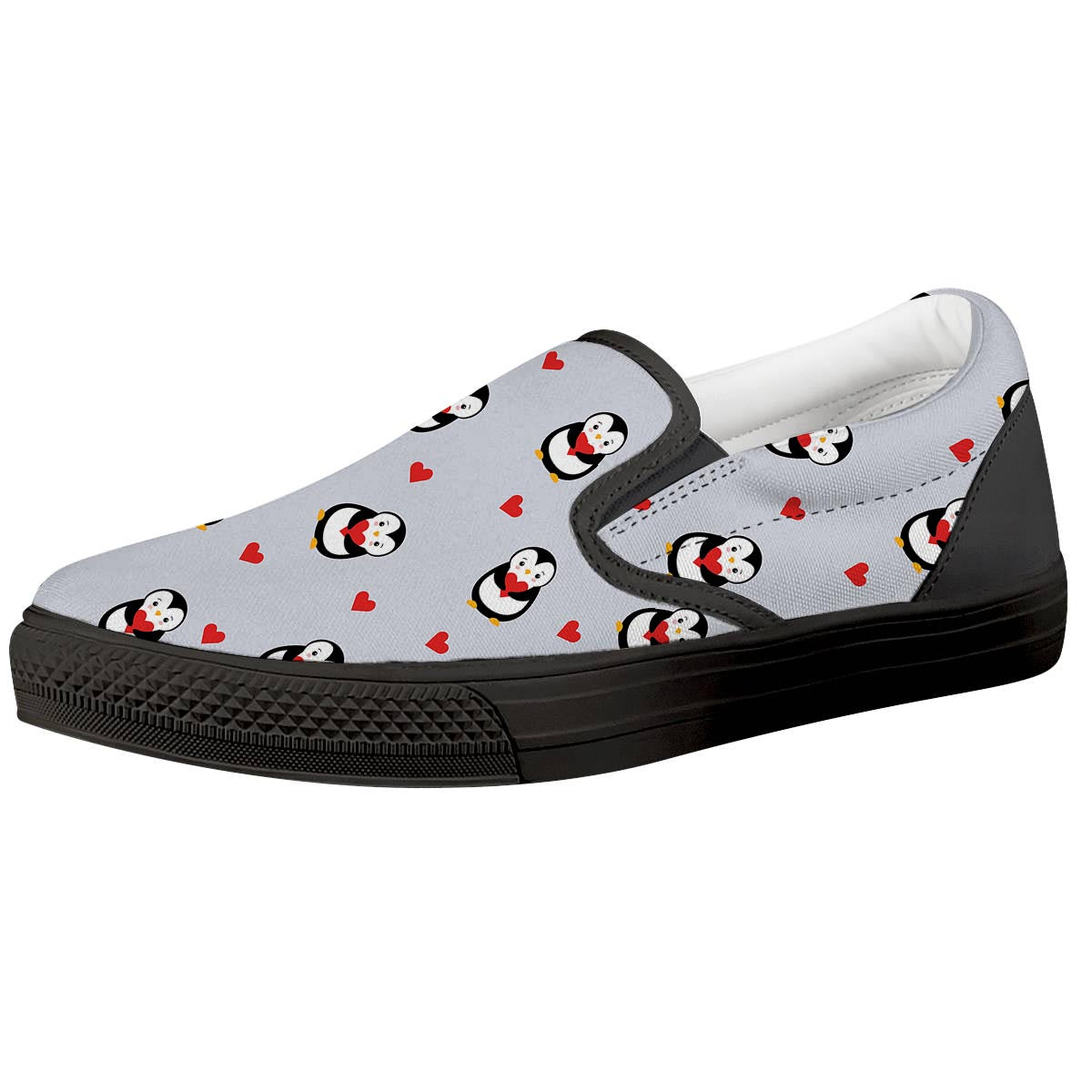Penguin And Red Heart Print Pattern Black Slip On Shoes-grizzshop