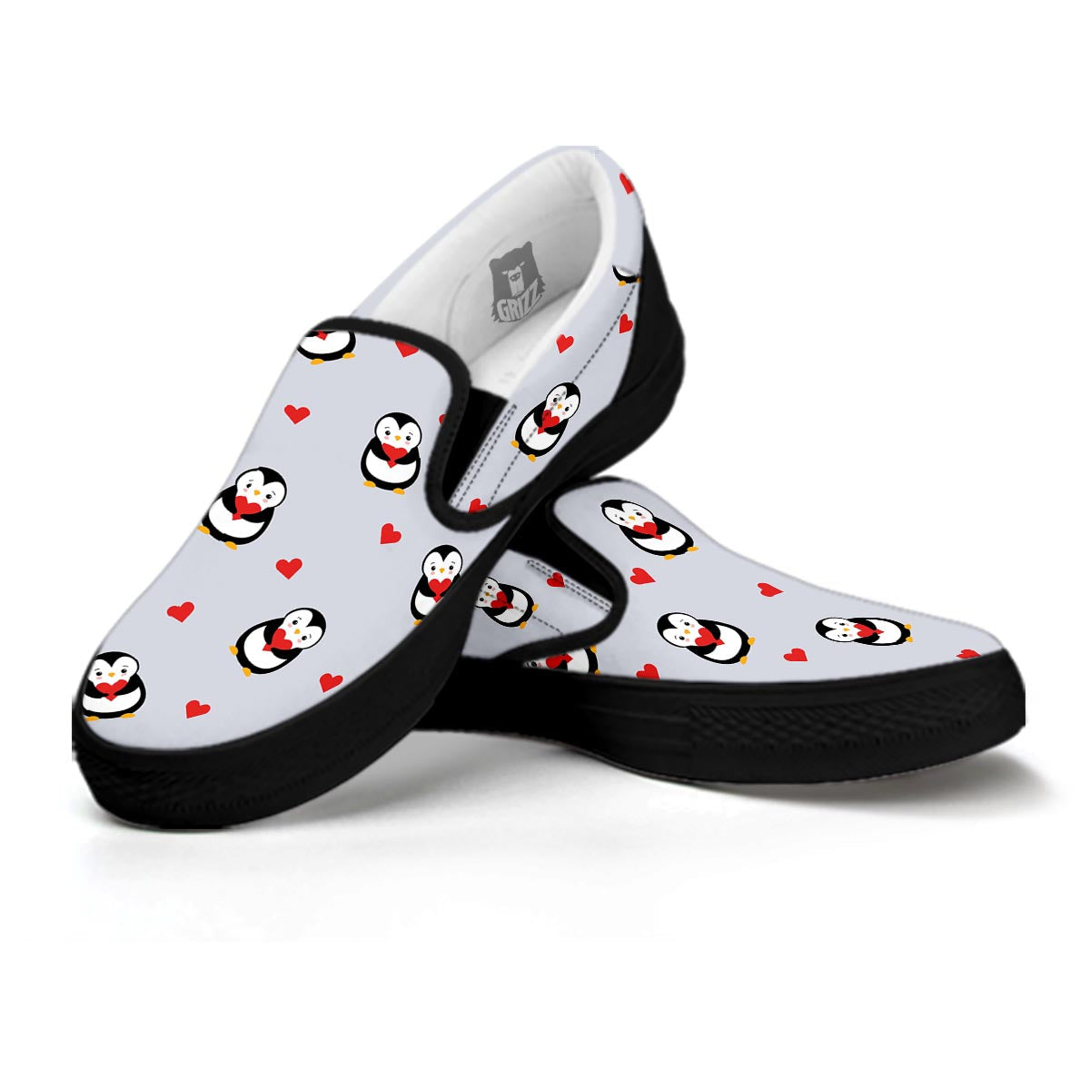 Penguin And Red Heart Print Pattern Black Slip On Shoes-grizzshop