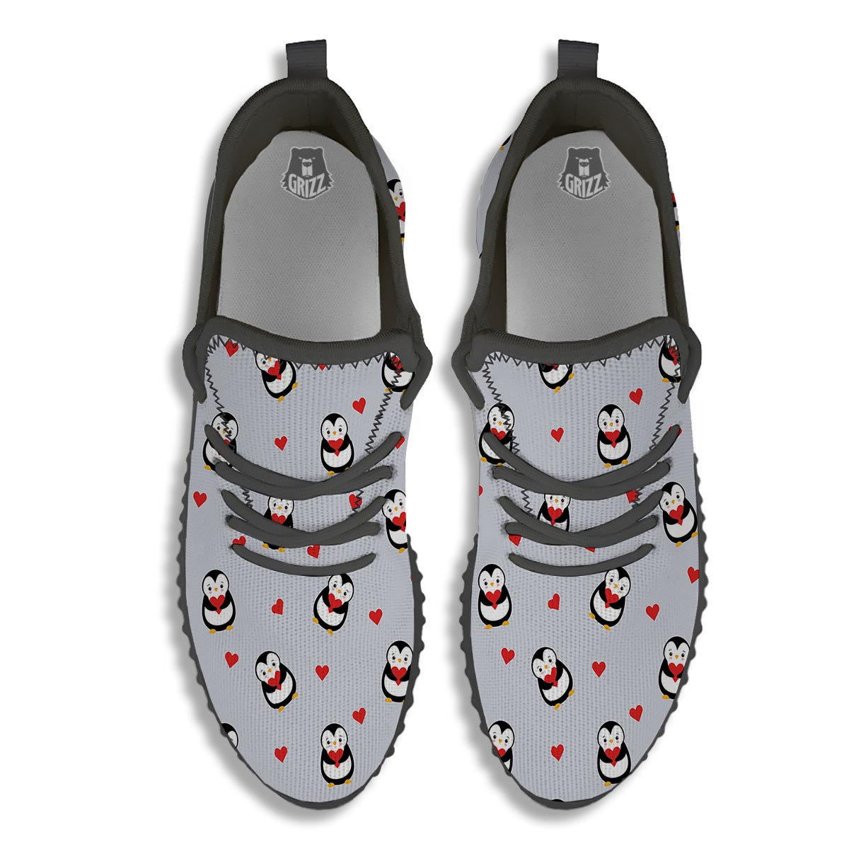 Penguin And Red Heart Print Pattern Black Walking Shoes-grizzshop