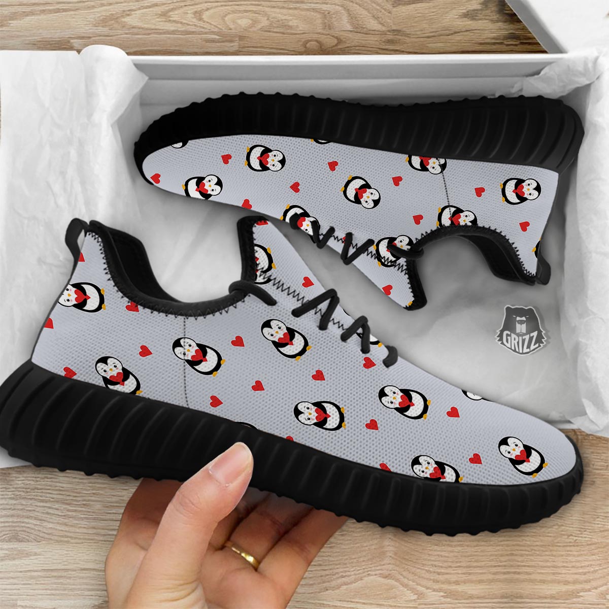 Penguin And Red Heart Print Pattern Black Walking Shoes-grizzshop