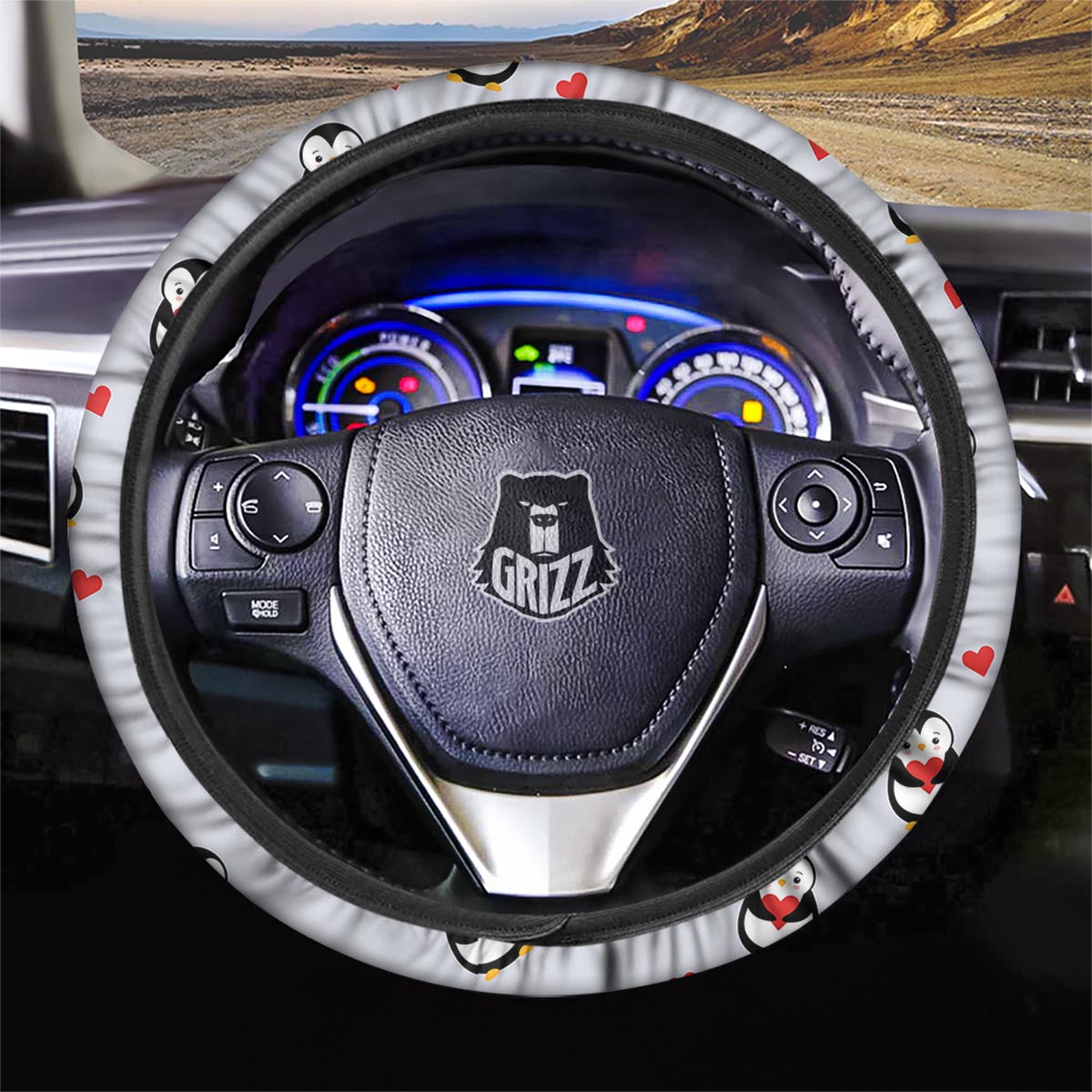 Penguin And Red Heart Print Pattern Car Steering Wheel Cover-grizzshop