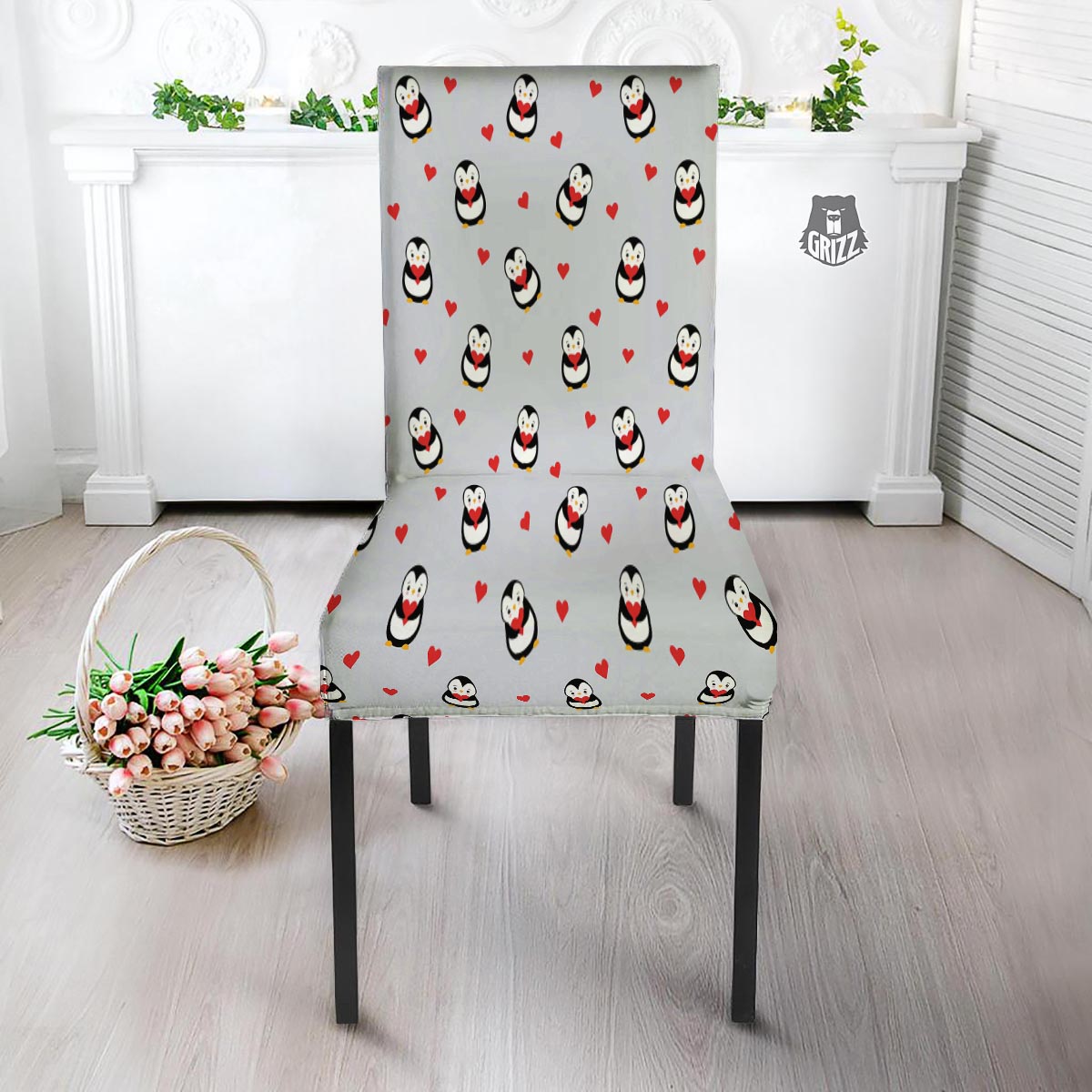 Penguin And Red Heart Print Pattern Dining Chair Slipcover-grizzshop