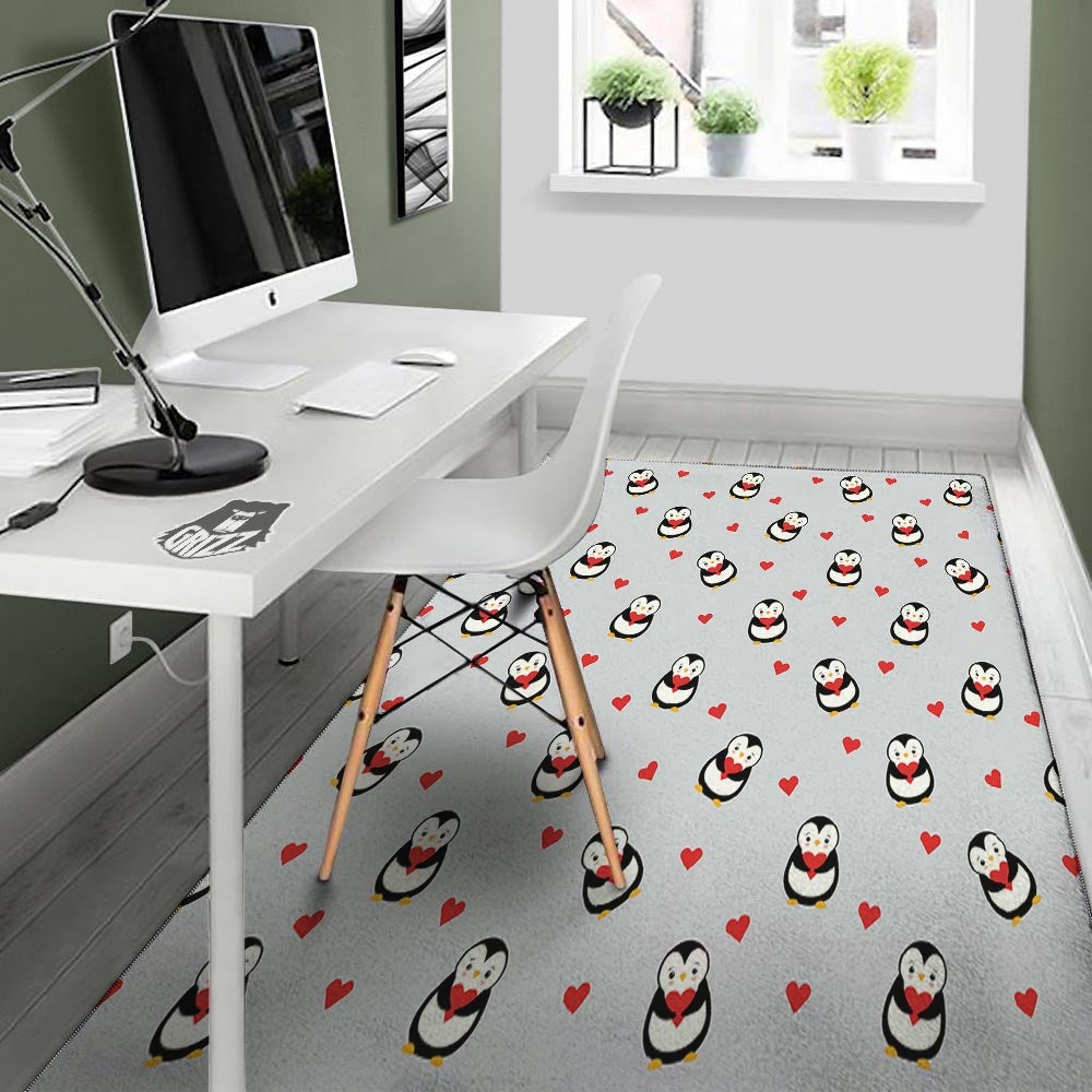 Penguin And Red Heart Print Pattern Floor Mat-grizzshop