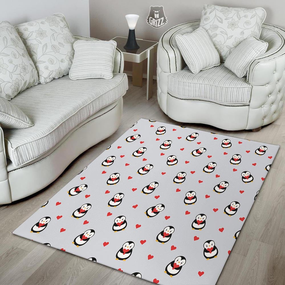 Penguin And Red Heart Print Pattern Floor Mat-grizzshop