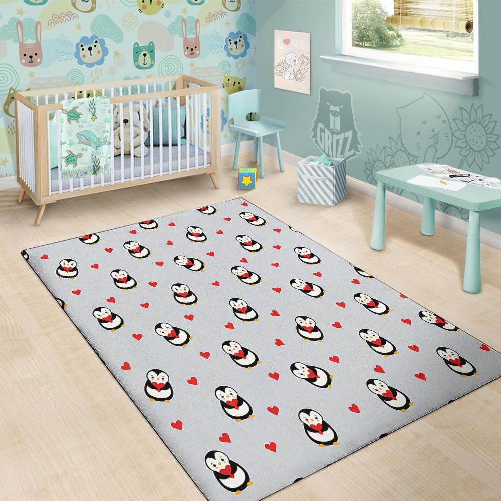 Penguin And Red Heart Print Pattern Floor Mat-grizzshop