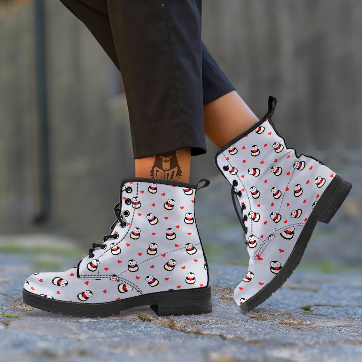 Penguin And Red Heart Print Pattern Leather Boots-grizzshop