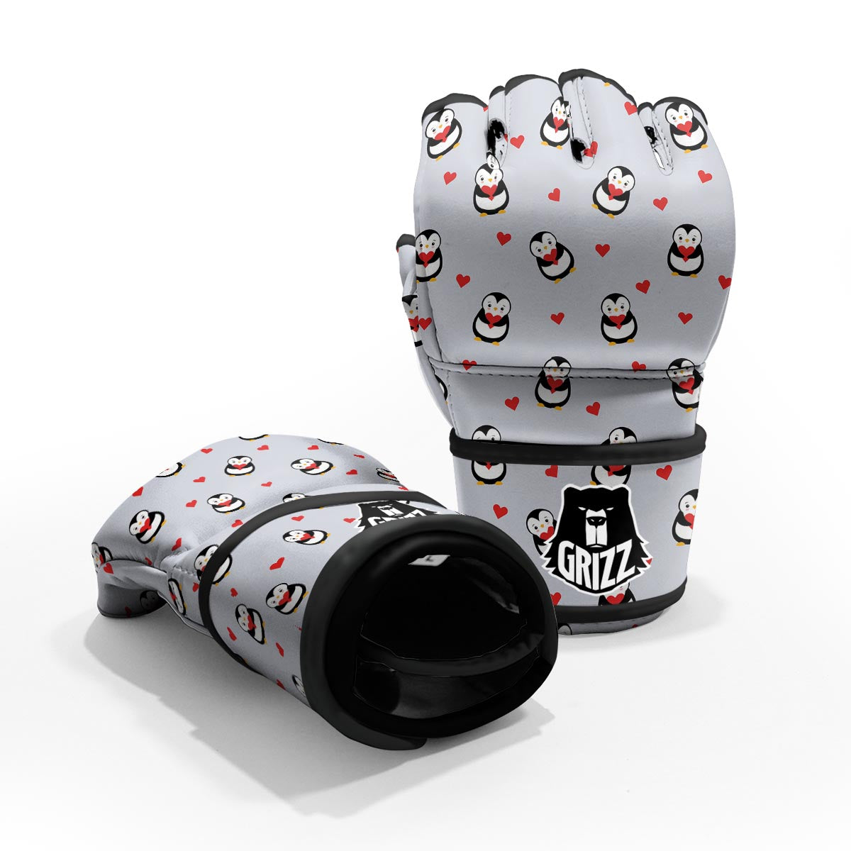Penguin And Red Heart Print Pattern MMA Gloves-grizzshop