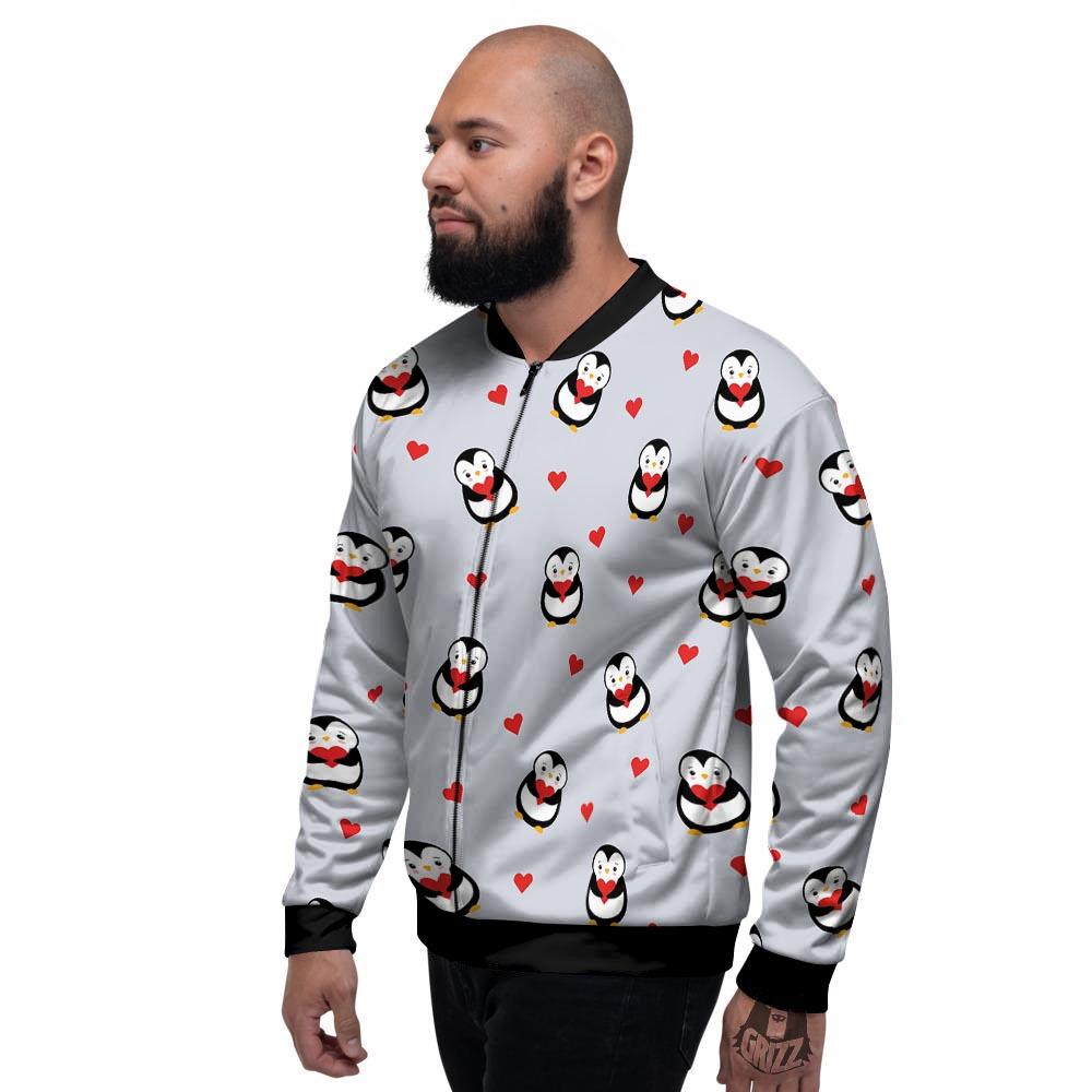 Penguin And Red Heart Print Pattern Men's Bomber Jacket-grizzshop