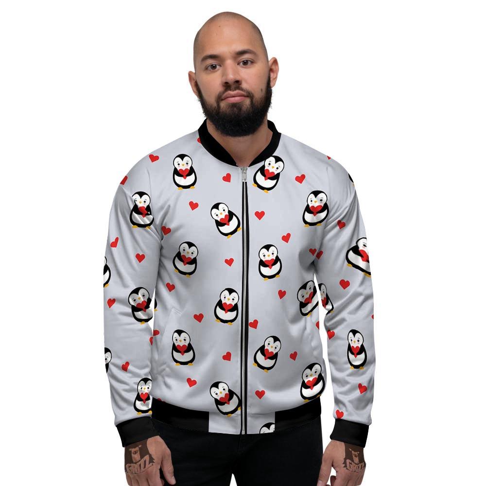 Penguin And Red Heart Print Pattern Men's Bomber Jacket-grizzshop