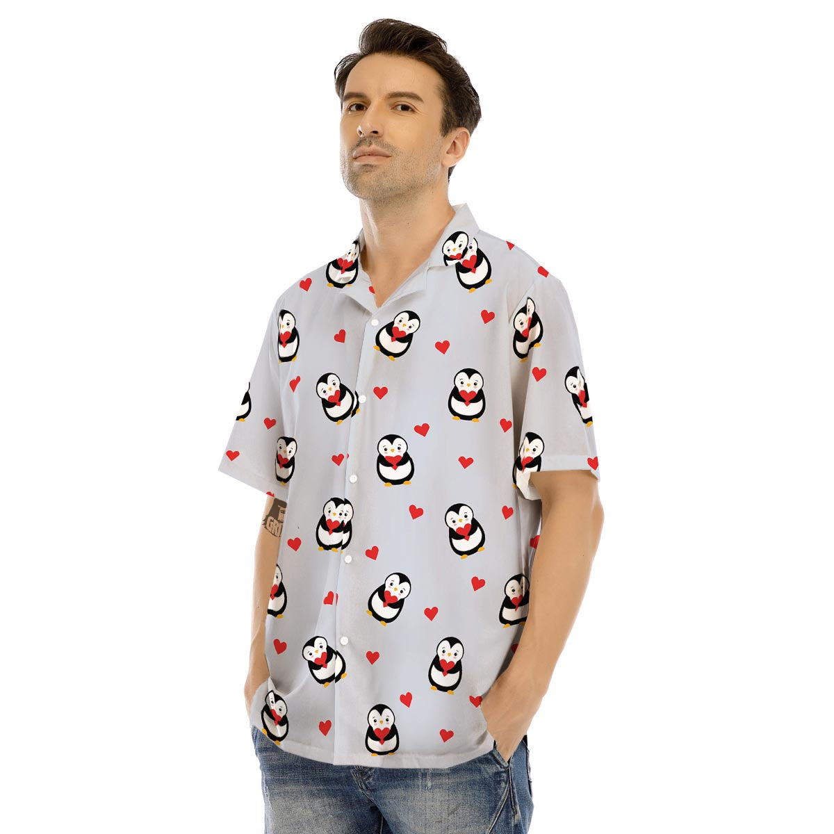 Penguin And Red Heart Print Pattern Men's Hawaiian Shirt-grizzshop