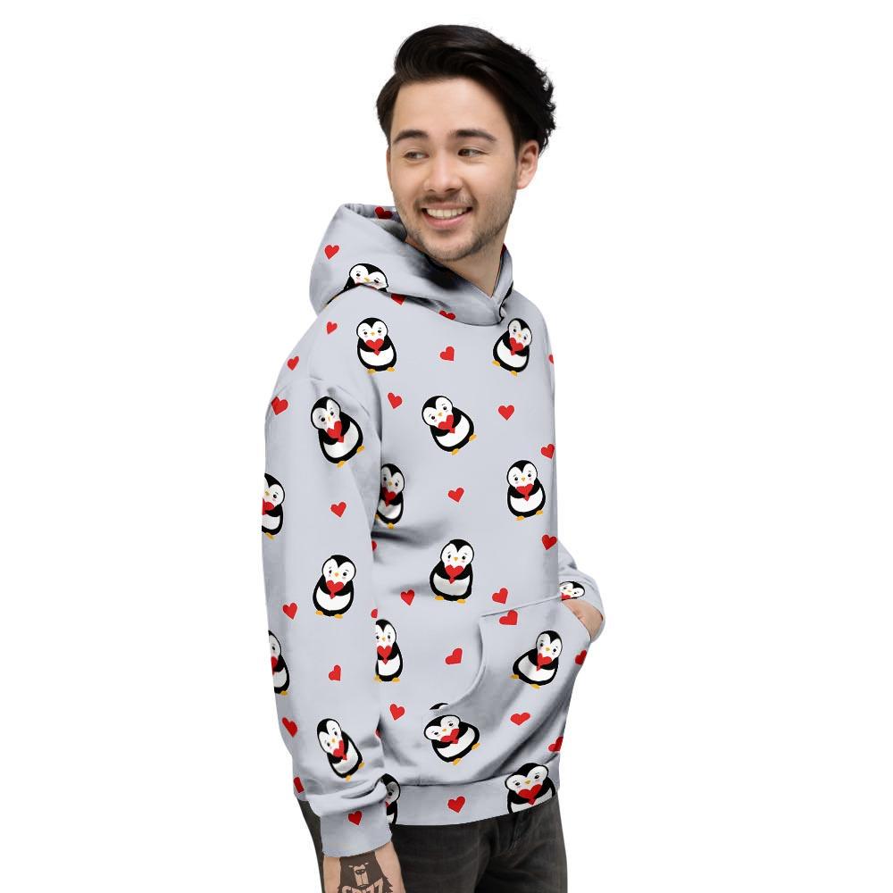 Penguin And Red Heart Print Pattern Men's Hoodie-grizzshop