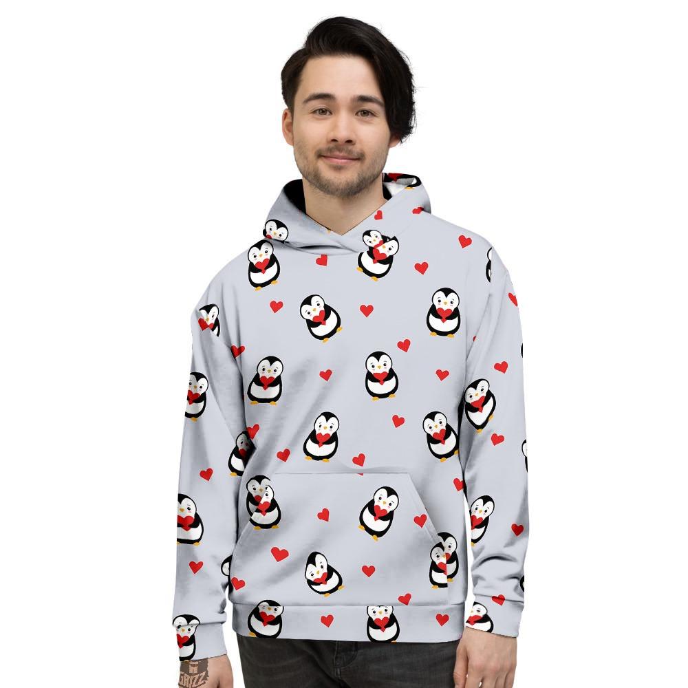 Penguin And Red Heart Print Pattern Men's Hoodie-grizzshop