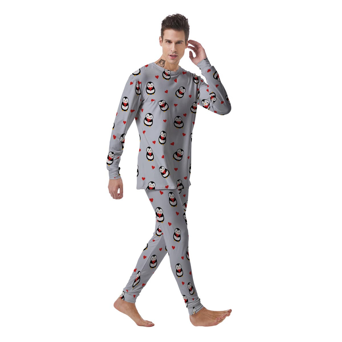 Penguin And Red Heart Print Pattern Men's Pajamas-grizzshop