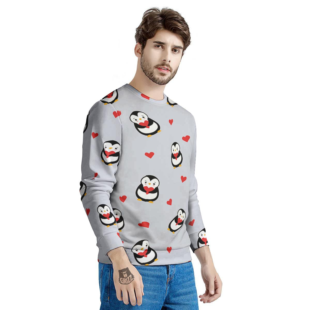 Penguin And Red Heart Print Pattern Men's Sweatshirt-grizzshop