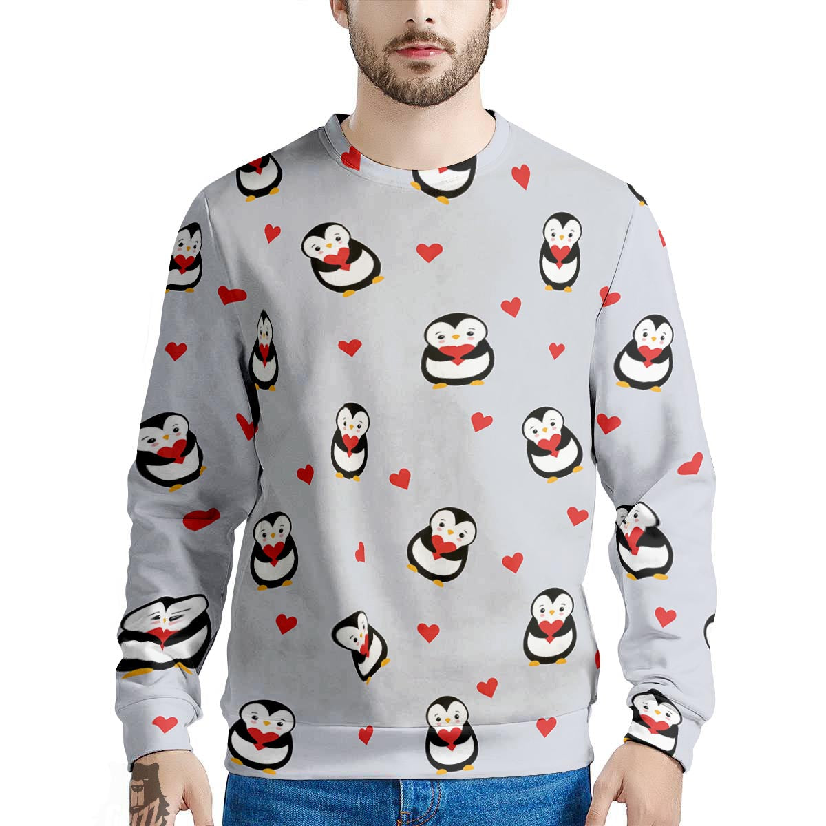 Penguin And Red Heart Print Pattern Men's Sweatshirt-grizzshop