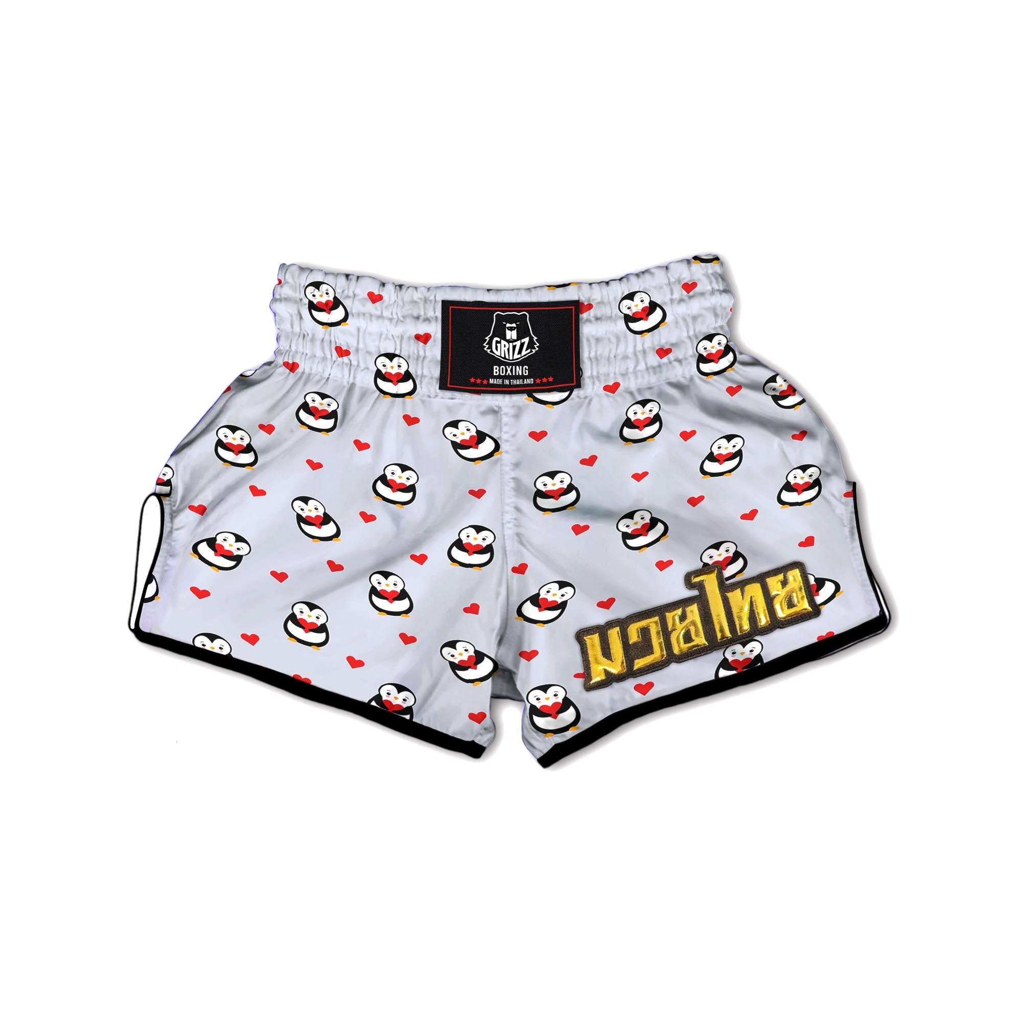 Penguin And Red Heart Print Pattern Muay Thai Boxing Shorts-grizzshop