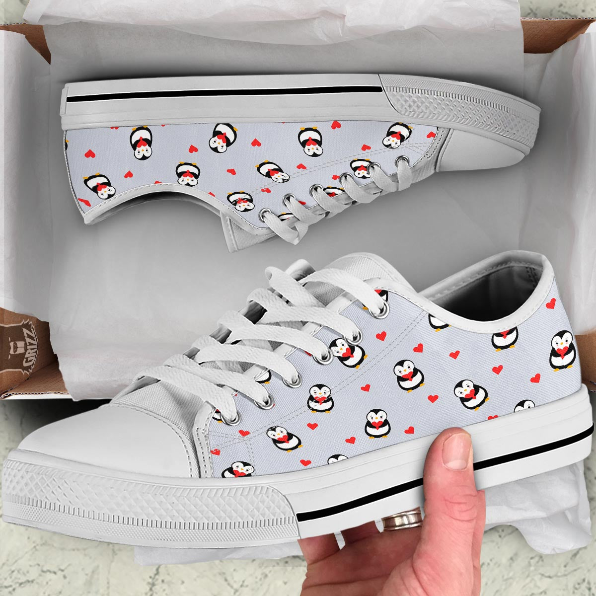 Penguin And Red Heart Print Pattern White Low Top Shoes-grizzshop