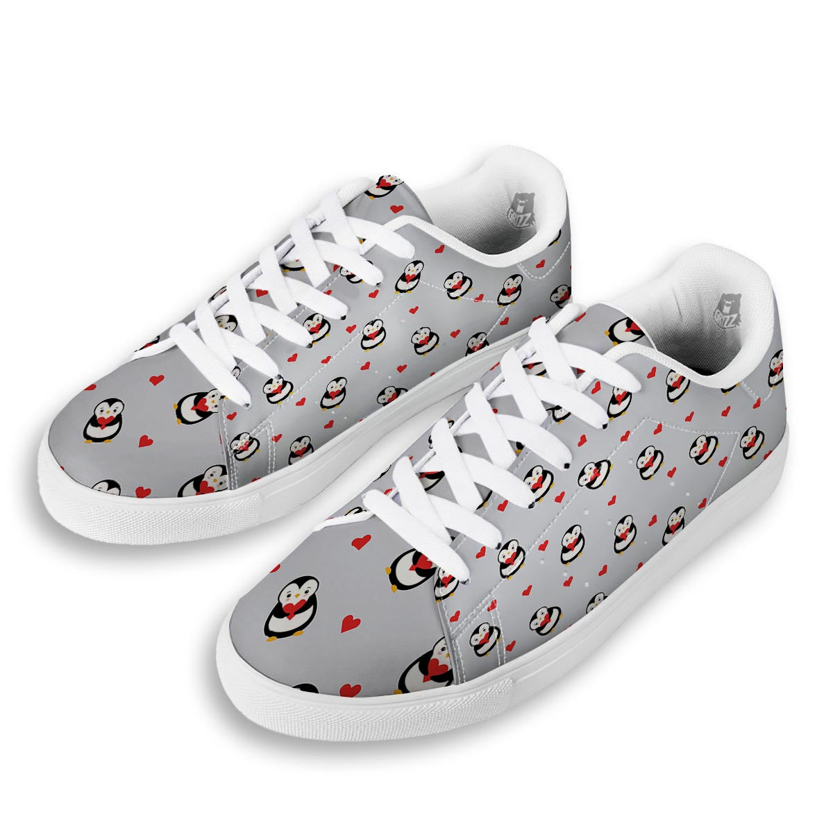Penguin And Red Heart Print Pattern White Low Top Sneakers-grizzshop