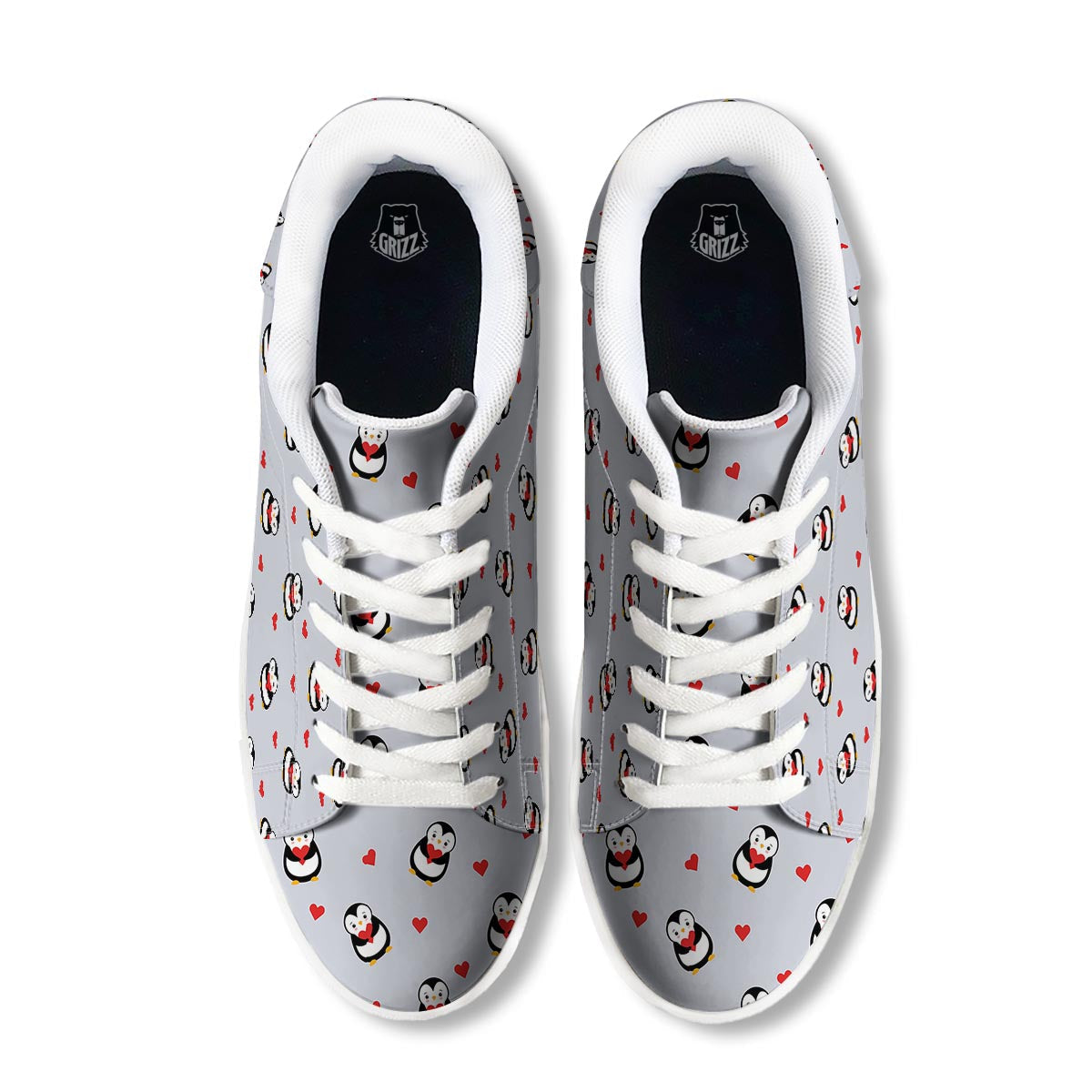 Penguin And Red Heart Print Pattern White Low Top Sneakers-grizzshop