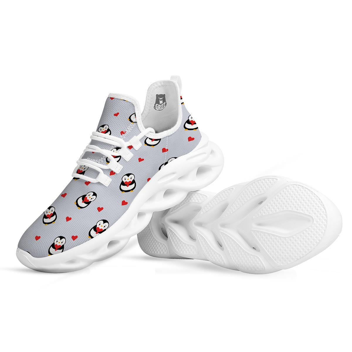 Penguin And Red Heart Print Pattern White Running Shoes-grizzshop