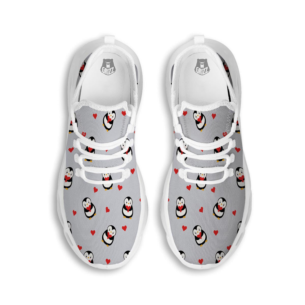 Penguin And Red Heart Print Pattern White Running Shoes-grizzshop