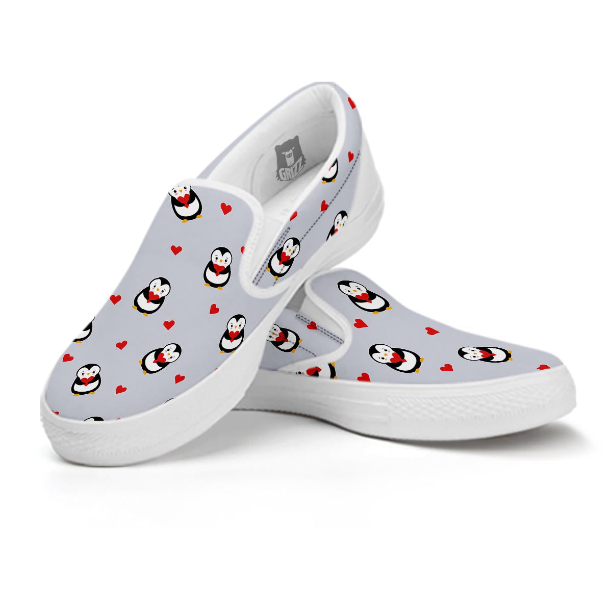 Penguin And Red Heart Print Pattern White Slip On Shoes-grizzshop
