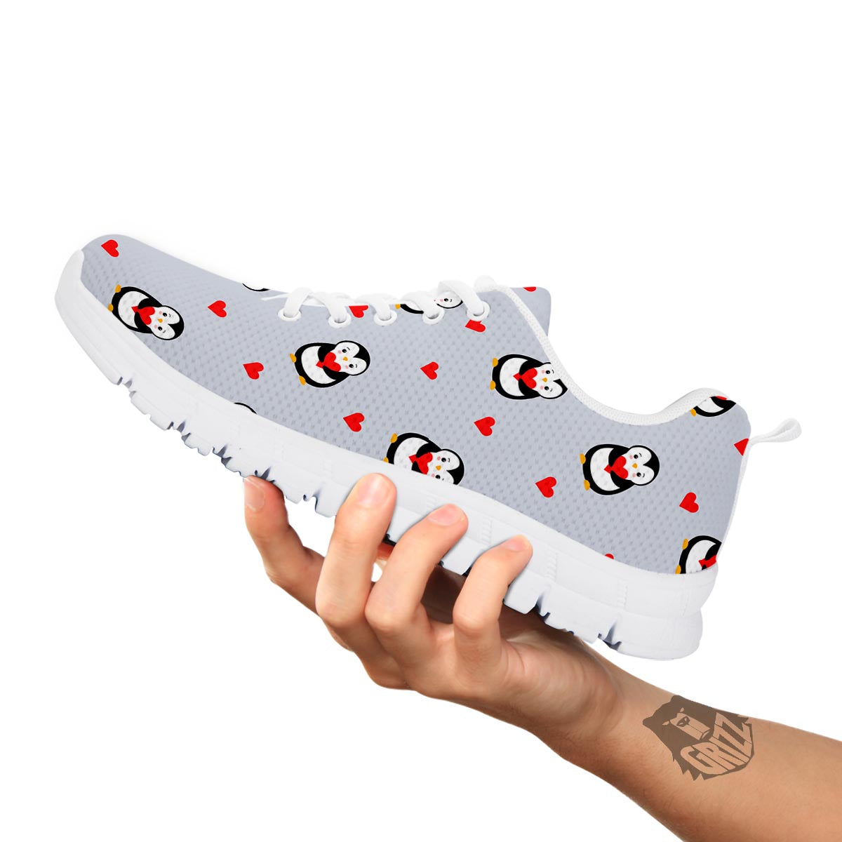 Penguin And Red Heart Print Pattern White Sneaker-grizzshop