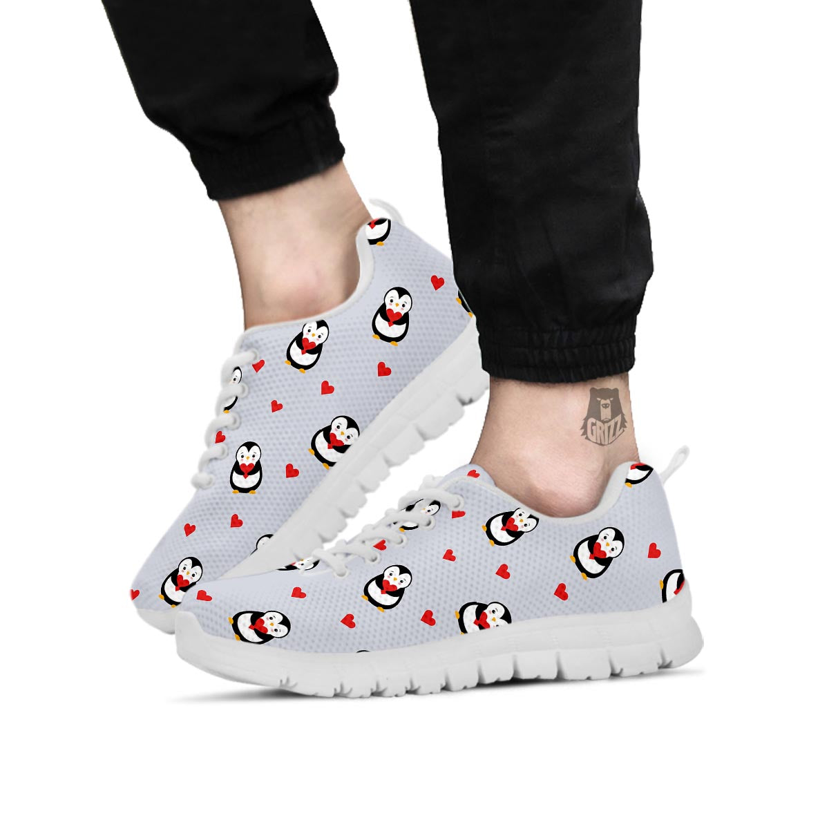 Penguin And Red Heart Print Pattern White Sneaker-grizzshop