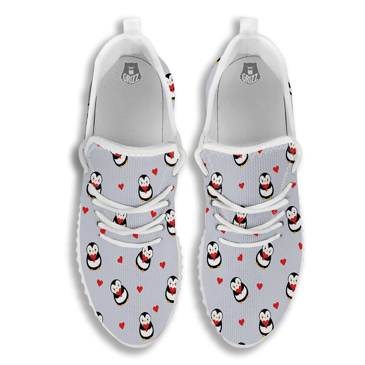 Penguin And Red Heart Print Pattern White Walking Shoes-grizzshop