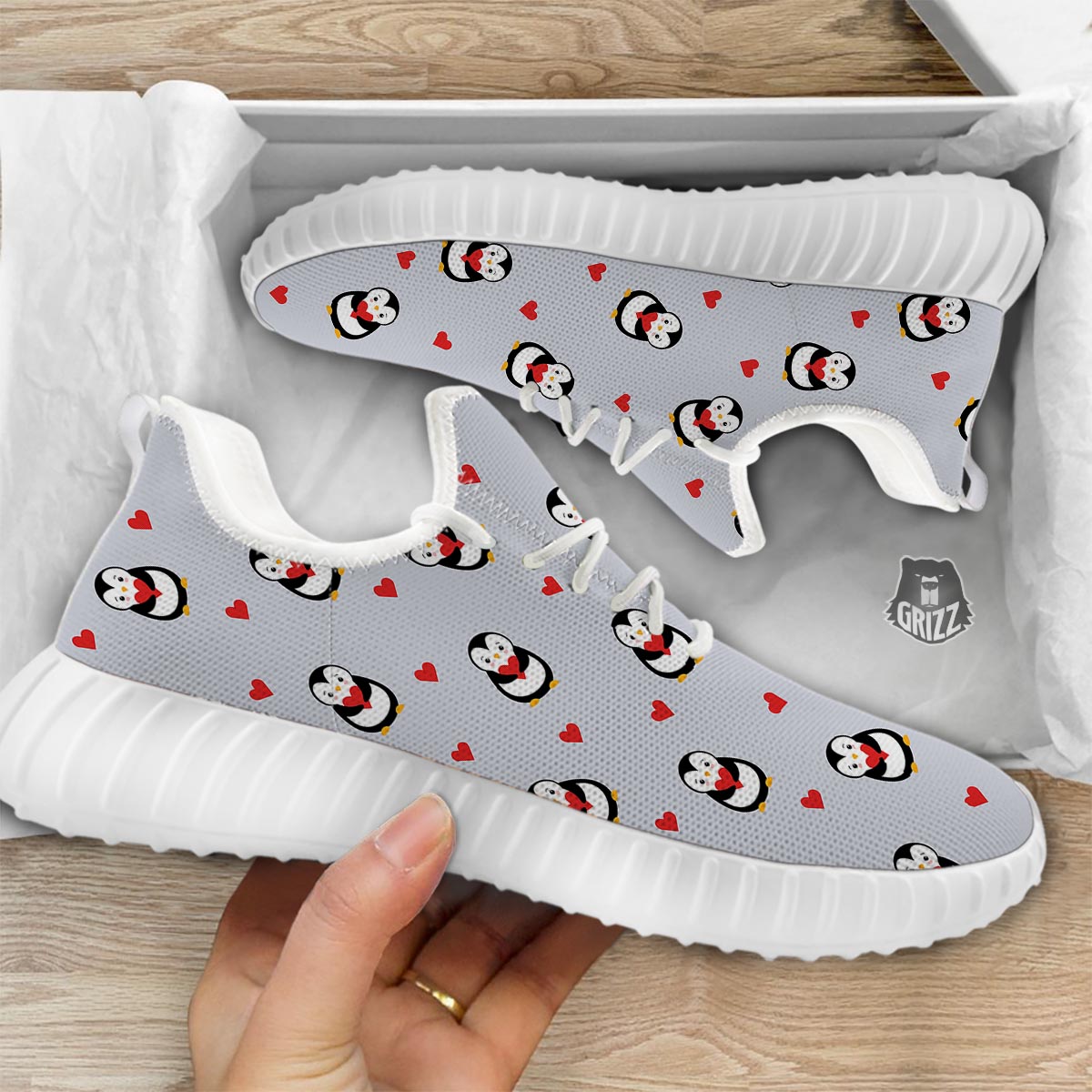 Penguin And Red Heart Print Pattern White Walking Shoes-grizzshop