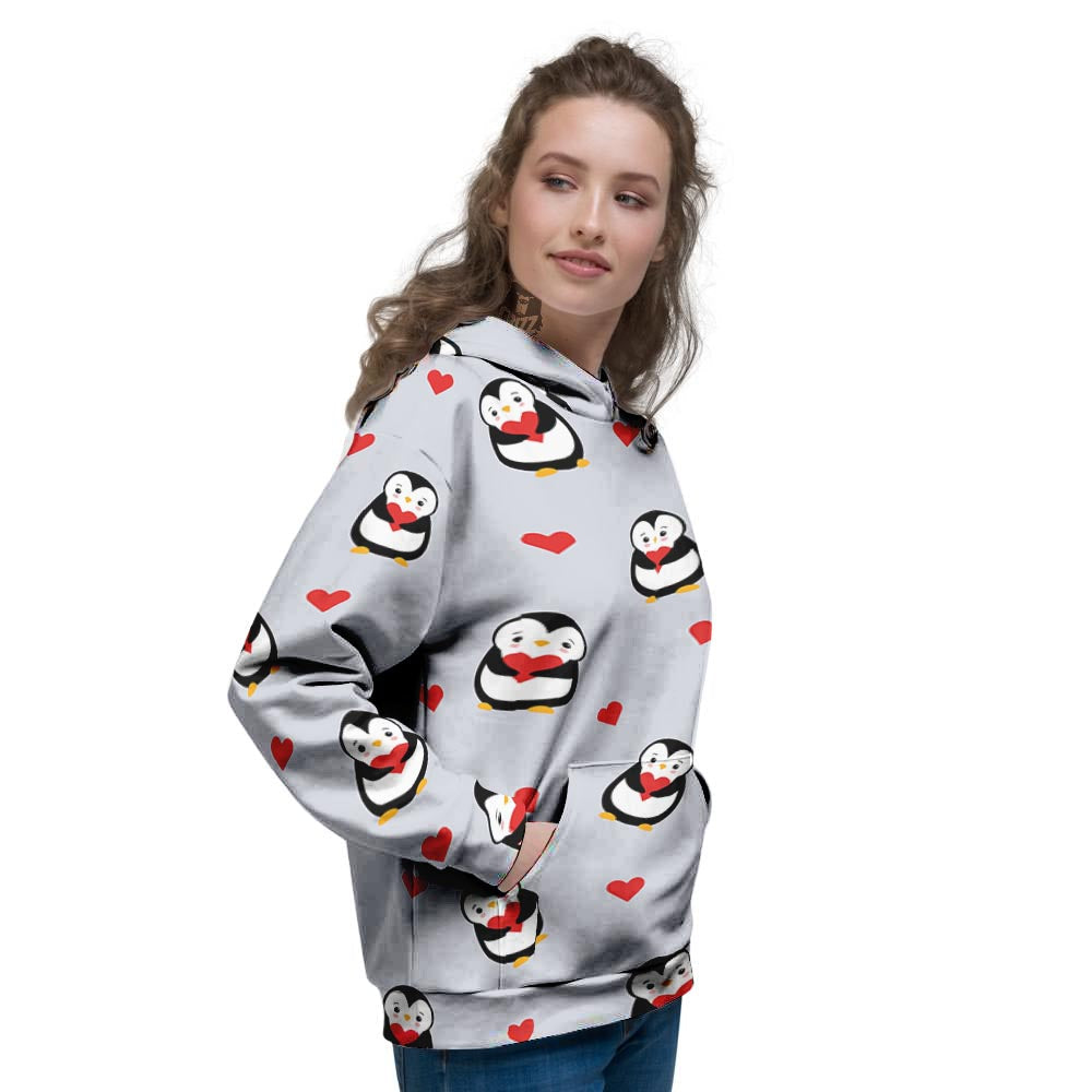 Penguin And Red Heart Print Pattern Women's Hoodie-grizzshop