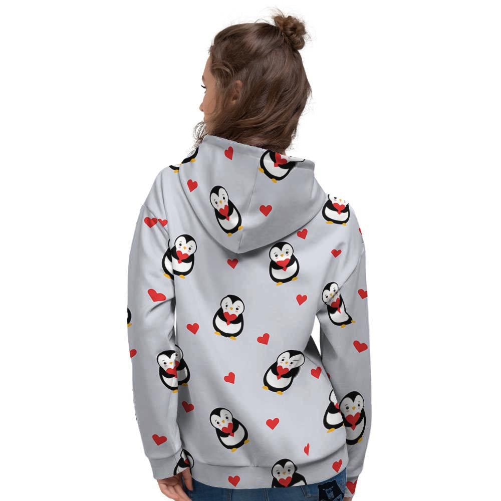 Penguin And Red Heart Print Pattern Women's Hoodie-grizzshop