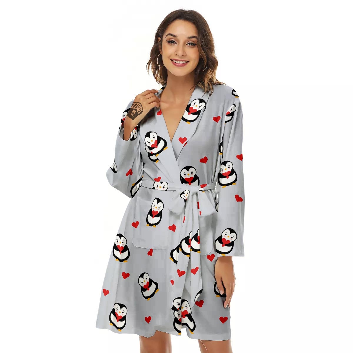 Penguin And Red Heart Print Pattern Women's Robe-grizzshop