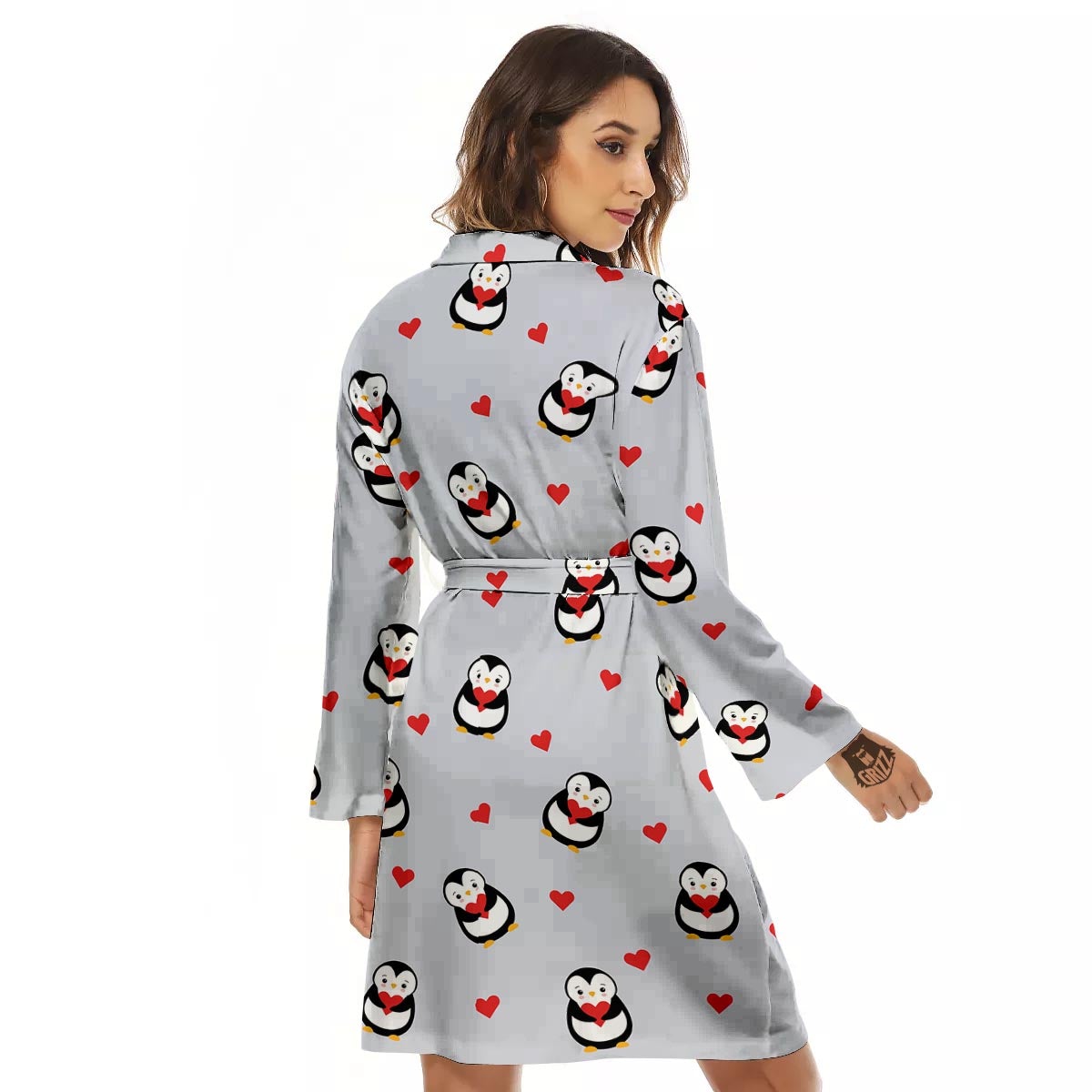 Penguin And Red Heart Print Pattern Women's Robe-grizzshop