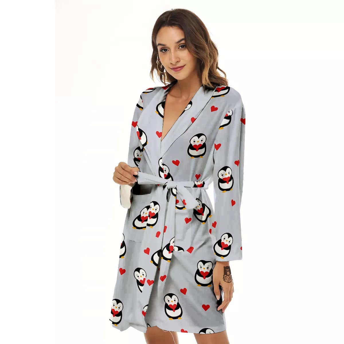 Penguin And Red Heart Print Pattern Women's Robe-grizzshop
