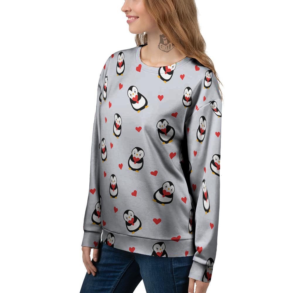 Penguin And Red Heart Print Pattern Women's Sweatshirt-grizzshop