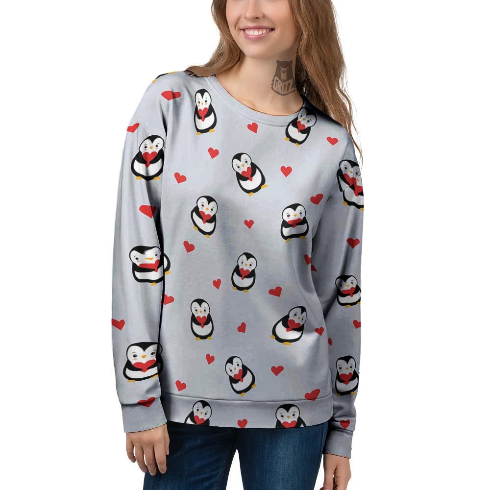 Penguin And Red Heart Print Pattern Women's Sweatshirt-grizzshop