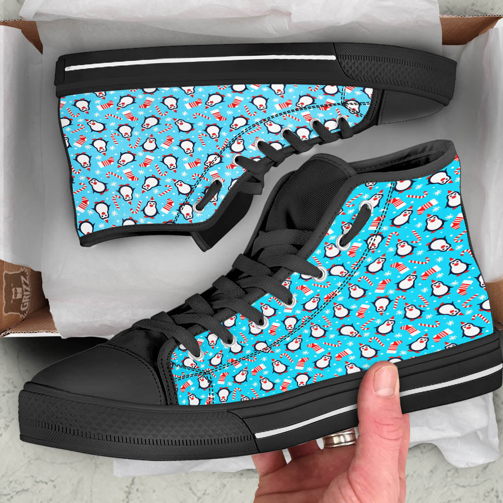 Penguin Christmas Santa Print Pattern Black High Top Shoes-grizzshop
