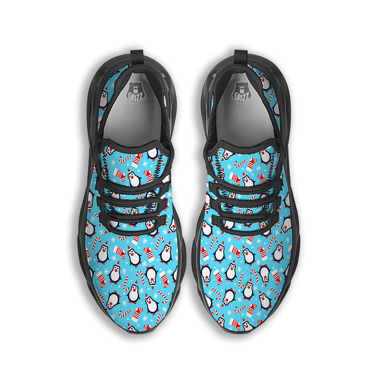Penguin Christmas Santa Print Pattern Black Running Shoes-grizzshop