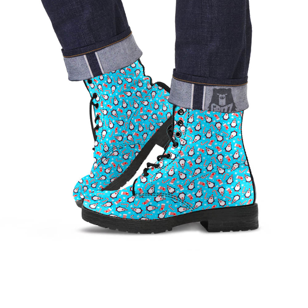 Penguin Christmas Santa Print Pattern Leather Boots-grizzshop