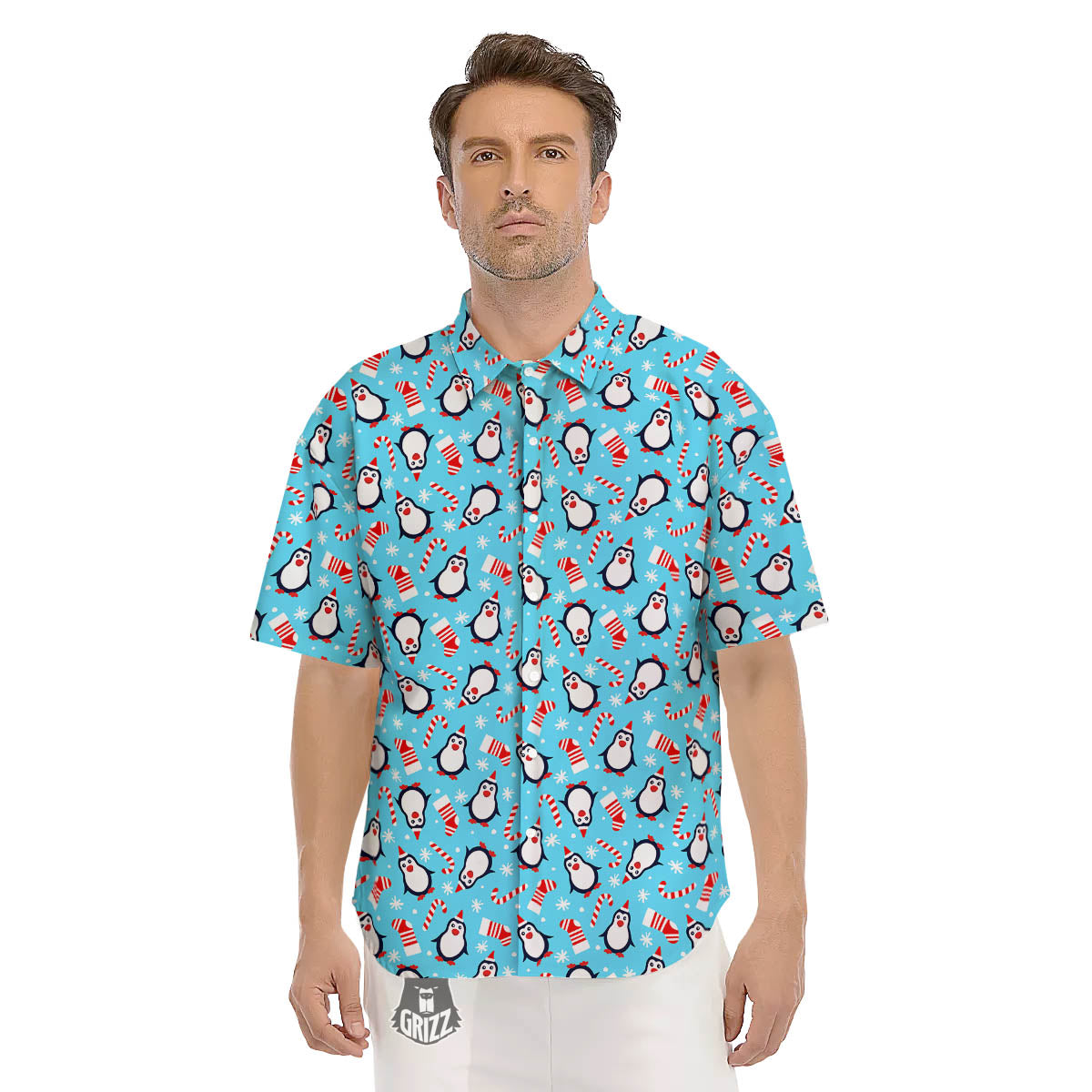 Penguin Christmas Santa Print Pattern Men's Short Sleeve Shirts-grizzshop