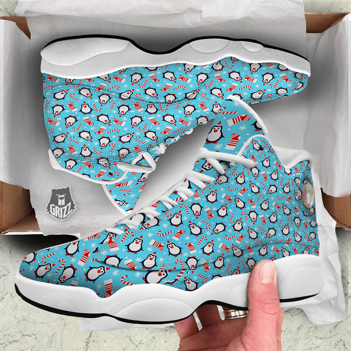 Penguin Christmas Santa Print Pattern White Basketball Shoes-grizzshop