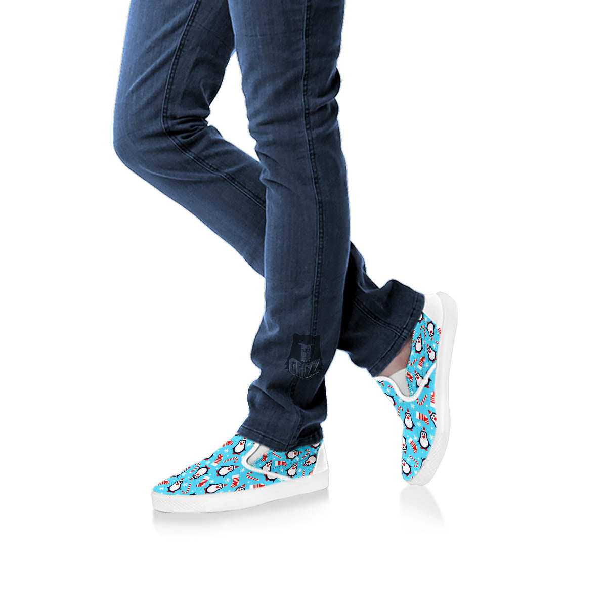 Penguin Christmas Santa Print Pattern White Slip On Shoes-grizzshop