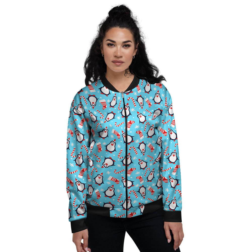 Penguin Christmas Santa Print Pattern Women's Bomber Jacket-grizzshop