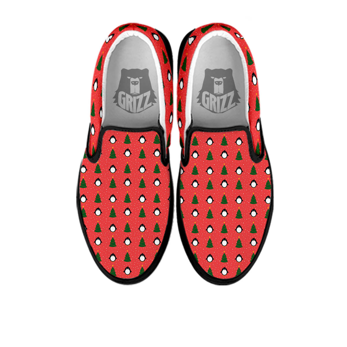 Penguin Christmas Snowy Print Pattern Black Slip On Shoes-grizzshop