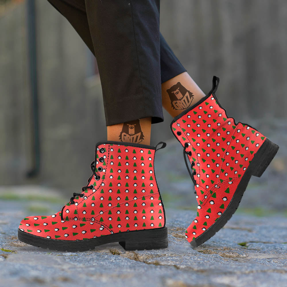 Penguin Christmas Snowy Print Pattern Leather Boots-grizzshop