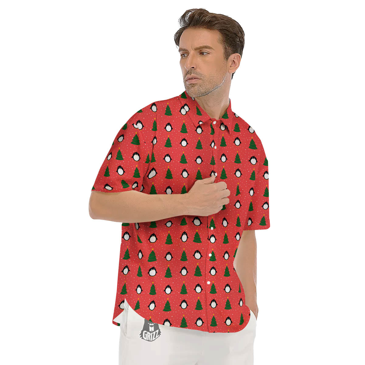 Penguin Christmas Snowy Print Pattern Men's Short Sleeve Shirts-grizzshop