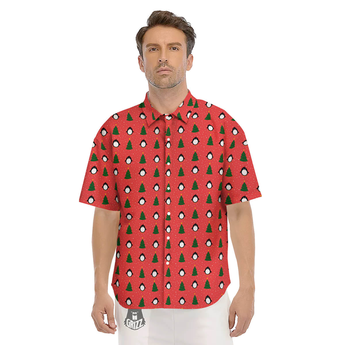 Penguin Christmas Snowy Print Pattern Men's Short Sleeve Shirts-grizzshop
